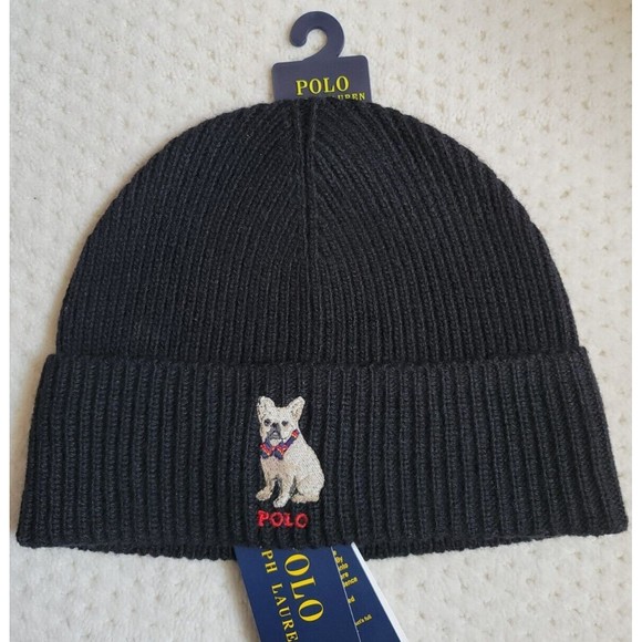 NWT Polo Ralph Lauren FRENCH BULLDOG wool blend BLACK beanie hat